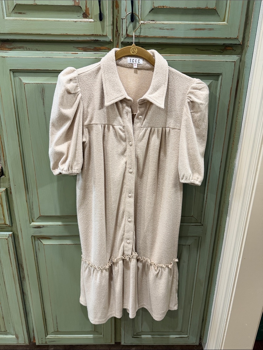 TCEC Cream Textured Puff-Sleeve Button-Front Mini Dress